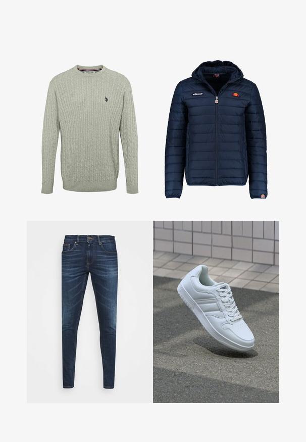 Marineblå puffjakke med hette, glidelås, kanalsøm og logoaksenter på brystet og ermet. Mykt, teksturert stoff.; Lys grå strikket genser med kabelmønster, rund halslinning og ribbede ermer. Brodert logo på venstre bryst.; Mørkeblå denimjeans med smal passform, subtil falming, fem lommer og metallknaplukking. Sømmer i kontrastfarge.; Hvit atletisk sneaker med glatt skinnoverside, snøring foran, perforert tå og mønstrets såle. Minimalistisk design med tre side-striper.