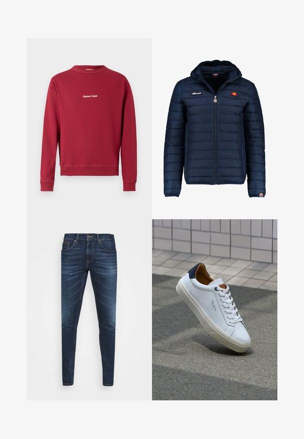 Marineblauwe gewatteerde jas met een capuchon, ritsluiting, kanalenstiksel en logoaccenten op de borst en mouw. Zachte, gestructureerde stof.; Bordeaux sweatvest van een katoenmix met een ronde hals, ribgebreide manchetten en onderrand. Voorzien van witte geborduurde tekst "Original Studio" op de voorkant.; Donkerblauwe denim jeans met een slim fit, subtiele vervaging, vijf zakken en een metalen knoopsluiting. Gestikte accenten in contrasterende kleur.; Witte leren sneaker met een marineblauwe hiel, ronde neus en contrasterende bruin accent. Beschikt over platte veters en een gestructureerde rubberen zool.