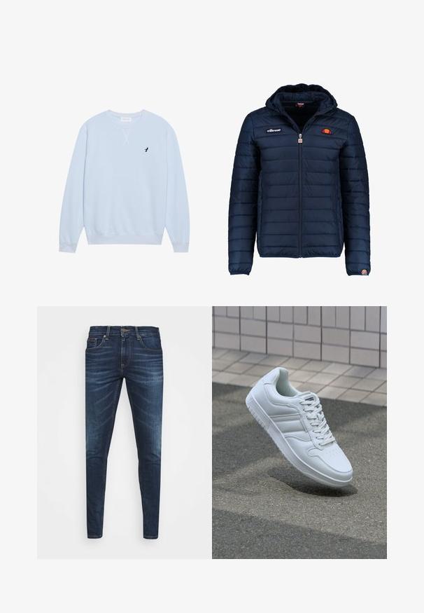 Casaco puffer azul marinho com capuz, fecho de correr, costura em canais e detalhes do logo no peito e na manga. Tecido macio e texturizado.; Sweatshirt azul claro feito de algodão, com gola redonda, punhos canelados e um logo de pássaro preto bordado no lado esquerdo do peito.; Jeans de ganga azul escura com um corte slim, desbotamento suave, cinco bolsos e fecho com botão de metal. Detalhes costurados em cor contrastante.; Sapatilha desportiva branca com parte superior em couro liso, frente com atacadores, bico perfurado e sola padronizada. Design minimalista com três riscas laterais.