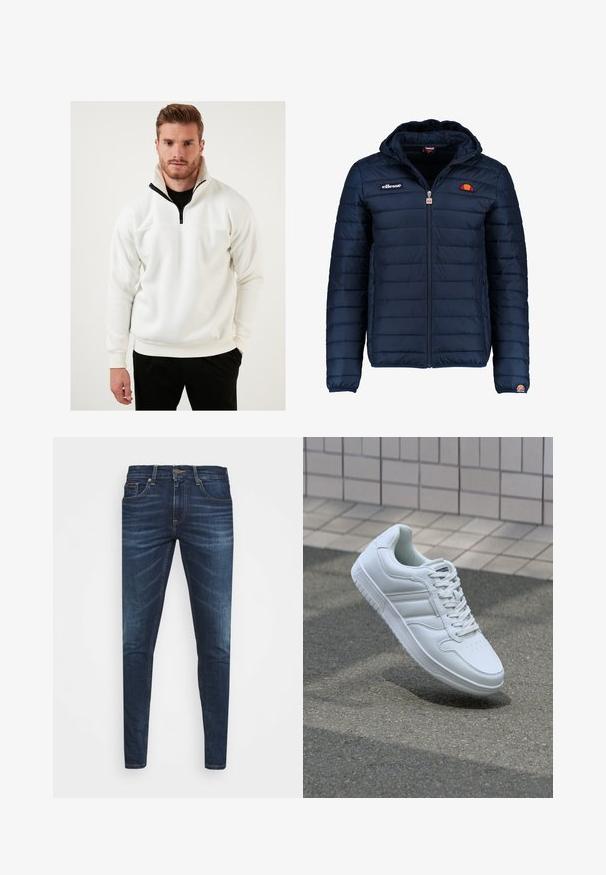Dunkelblaue Daunenjacke mit Kapuze, Reißverschluss, Kastensteppnähten und Logo-Akzenten auf der Brust und dem Ärmel. Weicher, strukturierter Stoff.; Weißer Pullover aus weichem Stoff, mit einem halben Reißverschluss-Kragen und schwarzen Akzenten. Das Design umfasst gerippte Bündchen und eine lockere Passform.; Dunkelblaue Jeans im Slim Fit mit subtiler Verwaschung, fünf Taschen und einem Metallknopfverschluss. Genähte Akzente in kontrastierender Farbe.; Weiße sportliche Sneaker mit Obermaterial aus glattem Leder, Schnürfront, durchlöchtem Zehenbereich und gemusterter Sohle. Minimalistisches Design mit drei Seitenstreifen.