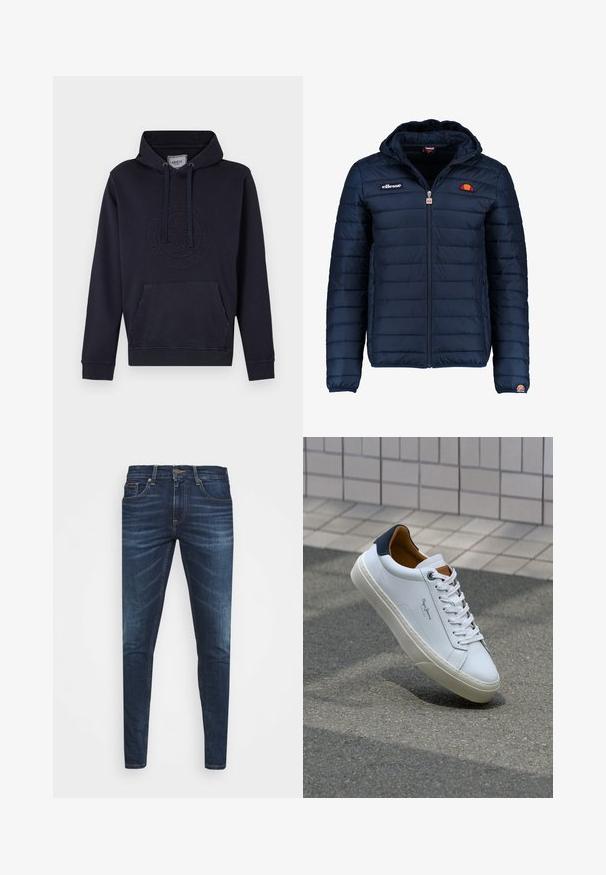 Mörkblå pufferjacka med huva, dragkedjestängning, kanalsömmar och logodetaljer på bröstet och ärmen. Mjuk, texturerad tyg.; Marinblå hoodie med framfickor, dragsko-huva och präglad logotypdetalj på bröstet. Tillverkad av mjukt bomullsblandat material.; Mörkblå denimjeans med smal passform, subtilt blekning, fem fickor och metallknappstängning. Sömnadsdetaljer i kontrasterande färg.; Vita lädersneakers med en marinblå häl, rund tå och kontrasterande bruna detaljer. Har plana snören och en texturerad gummisula.