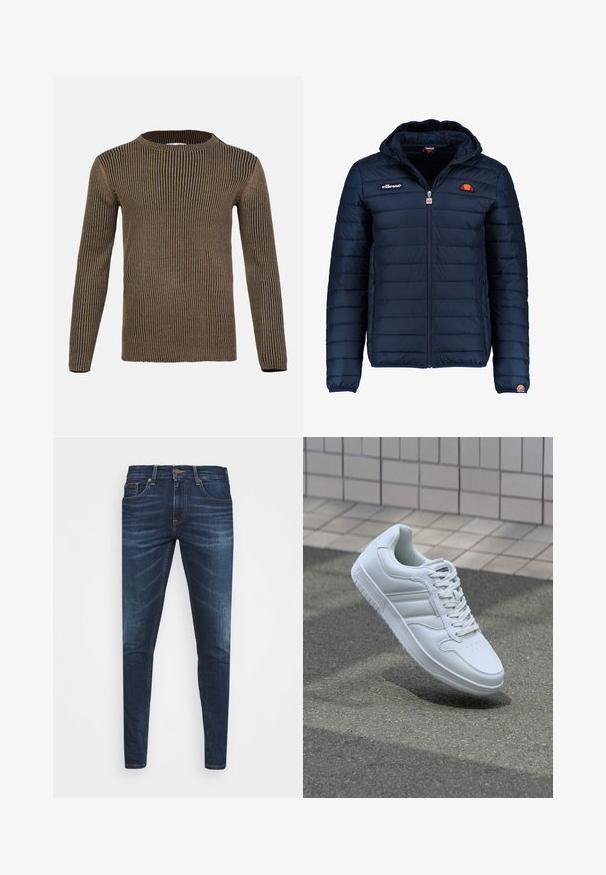 Dunkelblaue Daunenjacke mit Kapuze, Reißverschluss, Kastensteppnähten und Logo-Akzenten auf der Brust und dem Ärmel. Weicher, strukturierter Stoff.; Braun- und schwarz gestreifter Langarmpullover mit Rundhalsausschnitt, gerippter Textur und geradem Saum. Hergestellt aus weichem, gestricktem Material.; Dunkelblaue Jeans im Slim Fit mit subtiler Verwaschung, fünf Taschen und einem Metallknopfverschluss. Genähte Akzente in kontrastierender Farbe.; Weiße sportliche Sneaker mit Obermaterial aus glattem Leder, Schnürfront, durchlöchtem Zehenbereich und gemusterter Sohle. Minimalistisches Design mit drei Seitenstreifen.