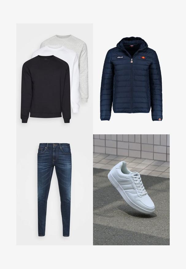 Tums zilā puffer jaka ar kapuci, rāvējslēdzēja aizdare, kanālu šuvēm un logotipa akcentiem uz krūtīm un piedurknēm. Mīksta, teksturēta auduma.; Trīs crewneck sporta krekli melnā, baltā un gaiši pelēkā krāsā. Tie ir ar garām piedurknēm, ribotiem piedurknēm un mīkstu, teksturētu audumu.; Tumši zili džinsi ar šauru piegriezumu, ar vieglu izbalēšanu, piecām kabatām un metalizētu pogu aizdari. Šuvju akcenti kontrastējošā krāsā.; Balti sporta apavi ar gludu ādas virsu, sasienamais priekšpuse, perforēts purngals un rakstaina zole. Minimālisma dizains ar trim sānu svītrām.
