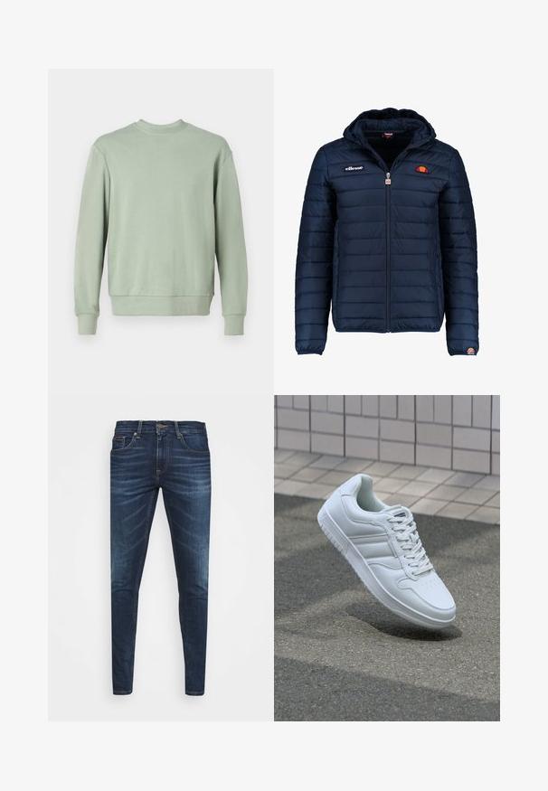 Marineblå puffjakke med hette, glidelås, kanalsøm og logoaksenter på brystet og ermet. Mykt, teksturert stoff.; Grønn crewneck sweatshirt laget av mykt stoff med lange ermer, ribbede mansjetter og avslappet passform. Enkelt design uten mønstre eller detaljer.; Mørkeblå denimjeans med smal passform, subtil falming, fem lommer og metallknaplukking. Sømmer i kontrastfarge.; Hvit atletisk sneaker med glatt skinnoverside, snøring foran, perforert tå og mønstrets såle. Minimalistisk design med tre side-striper.