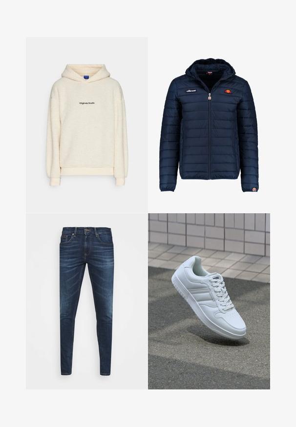 Marineblauwe gewatteerde jas met een capuchon, ritsluiting, kanalenstiksel en logoaccenten op de borst en mouw. Zachte, gestructureerde stof.; Creme-kleurige sherpa fleece hoodie met "Originals Studio" in het zwart gedrukt op de borst, voorzien van lange mouwen en een voorhoed.; Donkerblauwe denim jeans met een slim fit, subtiele vervaging, vijf zakken en een metalen knoopsluiting. Gestikte accenten in contrasterende kleur.; Witte sportsneaker met een glad leren bovenwerk, vetersluiting aan de voorkant, geperforeerde neus en een geprofileerde zool. Minimalistisch ontwerp met drie zijstrepen.