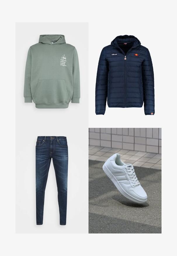 Tumedat sinised puffer jakk kapuutsiga, lukuga suletav, kanalite õmblustega ning logo aktsentidega rinnal ja varrukal. Pehme, tekstuuriga kangas.; Heled roheline kapuutsiga sviiter, mis on valmistatud pehmest kangast. Omab esimest taskut, reguleeritavat kapuutsi ja rinnaosas trükitud teksti koos graafilise disainiga.; Tumedat sinised teksad kitsas lõikes, kerge kulumisega, viie taskuga ja metallnööbiga sulgemine. Õmmeldud aktsendid kontrastsetes värvides.; Valge spordijalanõud silederja nahkvarrega, ninast paeltega, perforatsiooni tõttu ventilatsiooniga ning mustrilise tallaga. Minimalistlik disain, millel on kolm külgmist triipu.