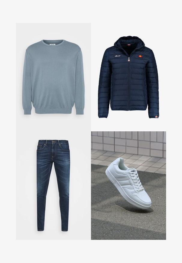 Mørkeblå puffjakke med hætte, lynlåslukning, kanalstyret syning og logo-detaljer på brystet og ærmet. Blødt, struktureret stof.; Lyseblå sweater lavet af strikket stof, med rund halsudskæring og ribbede manchetter og kant. Enkel design med en blød tekstur.; Mørkeblå denim jeans med slim fit, subtil falming, fem lommer og metalknaplukning. Syede detaljer i kontrastfarve.; Hvide atletiske sneakers med glat læderoverdel, snørelukning foran, perforeret tå og mønstret sål. Minimalistisk design med tre sidelister.