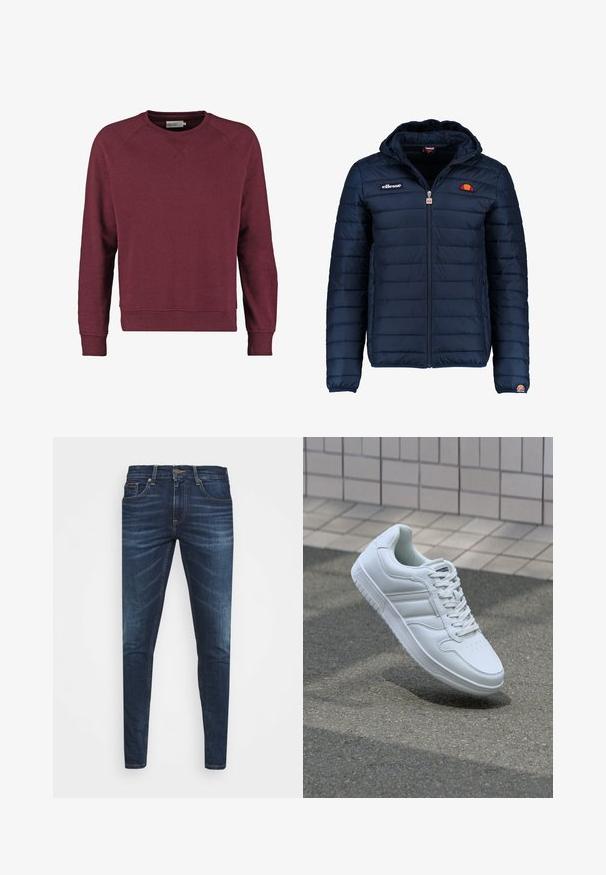 Marineblå puffjakke med hette, glidelås, kanalsøm og logoaksenter på brystet og ermet. Mykt, teksturert stoff.; Burgunderfarget genser med rund hals, raglanermer, ribbestrikkede mansjetter og kant, laget av et mykt stoff i bomullsblanding.; Mørkeblå denimjeans med smal passform, subtil falming, fem lommer og metallknaplukking. Sømmer i kontrastfarge.; Hvit atletisk sneaker med glatt skinnoverside, snøring foran, perforert tå og mønstrets såle. Minimalistisk design med tre side-striper.