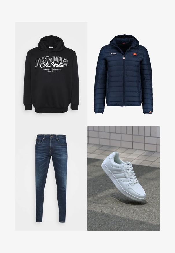 Granatowa kurtka puchowa z kapturem, zapinana na zamek, z przeszyciami w kształcie kanałów oraz akcentami loga na piersi i rękawie. Miękka, teksturowana tkanina.; Czarna hoodies z sznurkiem ściągającym i ribbrowanymi mankietami. Na przodzie umieszczono białą tekstową logotyp "JACK & JONES Coll. Studio".; Granatowe dżinsy o slim fit, delikatnym wyblaknięciu, pięciu kieszeniach i metalowym zapięciem. Haftowane akcenty w kontrastowym kolorze.; Białe sportowe trampki z gładkiej skóry, z zapięciem na sznurowadła, perforowanym noskiem i wzorzystą podeszwą. Minimalistyczny design z trzema paskami po bokach.