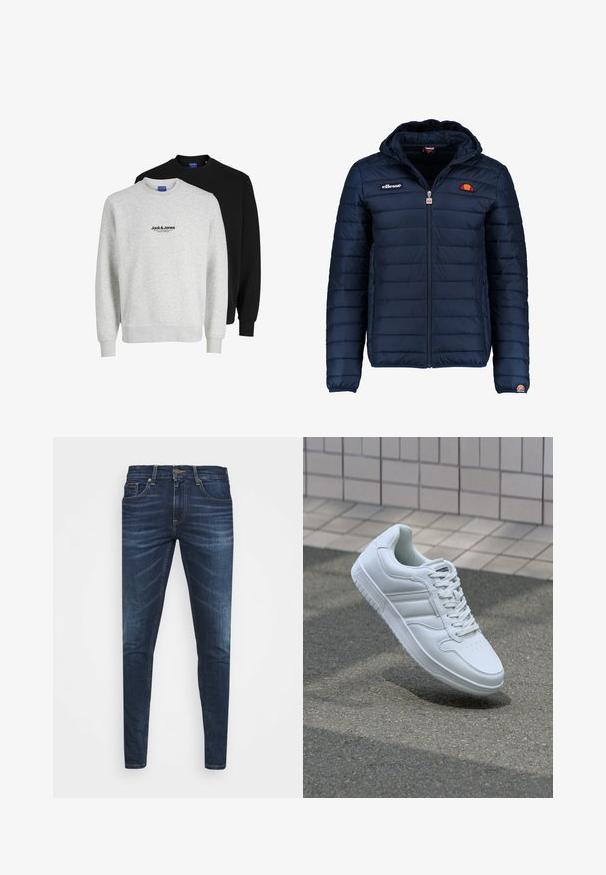 Temno modra napihnjena jakna s kapuco, z zadrgo, kanalnim šivom in logotipom na prsih in rokavu. Mehka, teksturirana tkanina.; Dva puloverja blagovne znamke Jack & Jones: en svetlo sivi s logotipom, drugi črni. Obe imata okrogla izreza in rebraste manšete.; Temno modri kavbojke ozkega kroja, s subtilnim bledenjem, petimi žepi in kovinskim zapiranjem na gumb. Oštrikanje z akcenti v kontrastni barvi.; Bela atletska teniska obutev z gladkim usnjenim zgornjim delom, vezanjem spredaj, perforiranim prstom in vzorčastim podplatom. Minimalistična zasnova s tremi stranskimi črtami.