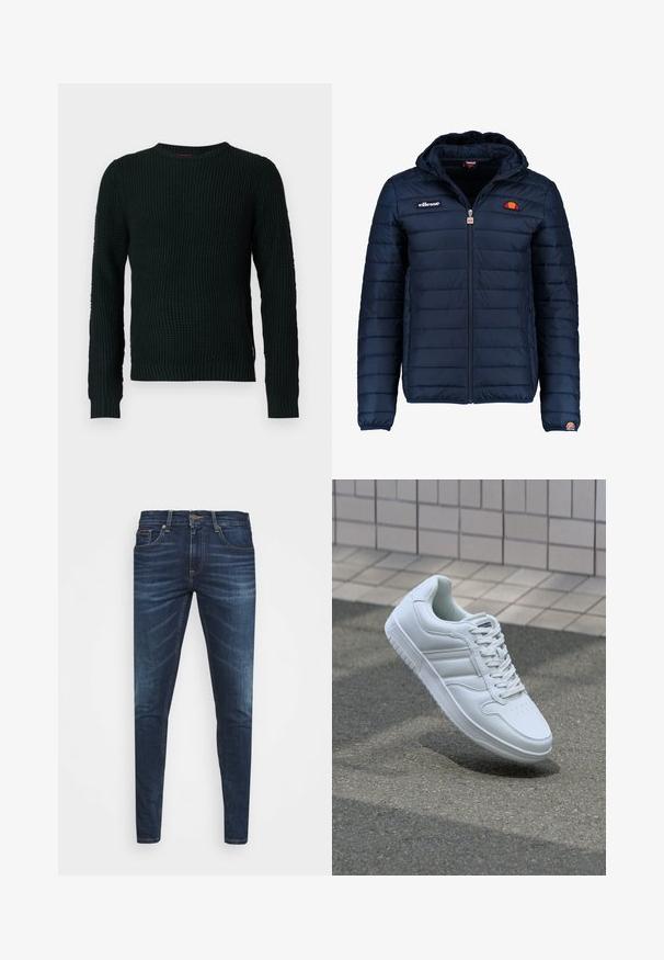 Ναυτικό μπλε ηλεκτρικό μπουφάν με κουκούλα, φερμουάρ, ραφές καναλιού και λογότυπα στο στήθος και το μανίκι. Μαλακό, υφασμάτινο υλικό.; Μαύρο χοντρό πλεκτό μπλουζάκι crewneck με μακριά μανίκια και ριμπ ρίγες στους καρπούς και στο τελείωμα, τοποθετημένο σε λευκό φόντο.; Σκούρα μπλε τζιν παντελόνι σε στενή γραμμή, με ήπια φθορά, πέντε τσέπες και μεταλλικό κούμπωμα. Ράψιμο σε αντίθετο χρώμα.; Λευκό αθλητικό sneaker με λείο δερμάτινο άνω μέρος, κορδόνια μπροστά, τρυπητή μύτη και σχεδιασμένη σόλα. Μινιμαλιστικός σχεδιασμός με τρεις πλευρικές ρίγες.