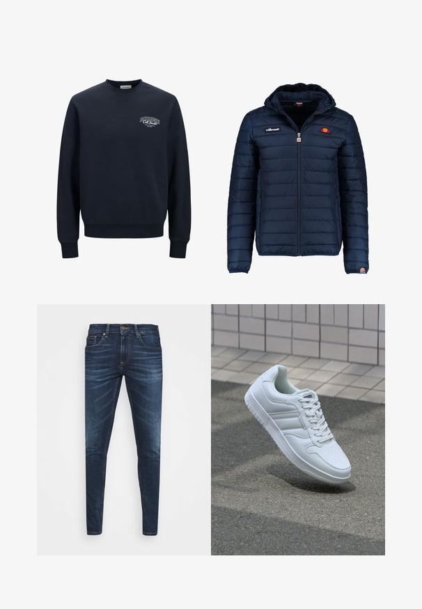 Marineblå puffjakke med hette, glidelås, kanalsøm og logoaksenter på brystet og ermet. Mykt, teksturert stoff.; Mørkeblå sweatshirt i bomullsblanding, med rund hals. Har ribbestrikkede mansjetter og nederkant, med hvit logo tekst på venstre bryst.; Mørkeblå denimjeans med smal passform, subtil falming, fem lommer og metallknaplukking. Sømmer i kontrastfarge.; Hvit atletisk sneaker med glatt skinnoverside, snøring foran, perforert tå og mønstrets såle. Minimalistisk design med tre side-striper.