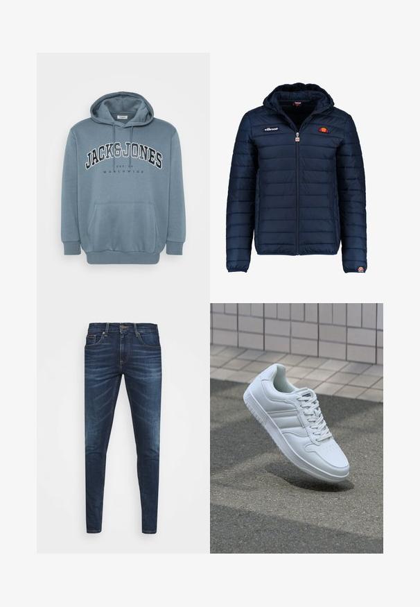 Veste matelassée bleu marine avec capuche, fermeture zippée, coutures en canaux et accents de logo sur la poitrine et la manche. Tissu doux et texturé.; Hoodie bleu en tissu doux avec une poche avant, une capuche à cordon et une grande impression de texte qui dit "JACK & JONES WORLDWIDE."; Jean en denim bleu foncé avec une coupe slim, décoloration subtile, cinq poches et une fermeture à bouton en métal. Accents cousus dans une couleur contrastante.; Baskets blanches de sport avec une tige en cuir lisse, un laçage à l'avant, une pointe perforée et une semelle à motifs. Design minimaliste avec trois bandes latérales.