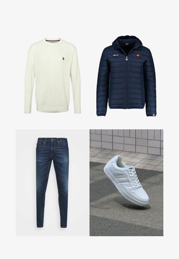 Dunkelblaue Daunenjacke mit Kapuze, Reißverschluss, Kastensteppnähten und Logo-Akzenten auf der Brust und dem Ärmel. Weicher, strukturierter Stoff.; Weißer Kabelstrickpullover mit geripptem Ausschnitt und Bündchen. Verfügt über ein kleines, schwarzes, gesticktes Emblem auf der linken Seite. Strukturierter Stoff.; Dunkelblaue Jeans im Slim Fit mit subtiler Verwaschung, fünf Taschen und einem Metallknopfverschluss. Genähte Akzente in kontrastierender Farbe.; Weiße sportliche Sneaker mit Obermaterial aus glattem Leder, Schnürfront, durchlöchtem Zehenbereich und gemusterter Sohle. Minimalistisches Design mit drei Seitenstreifen.