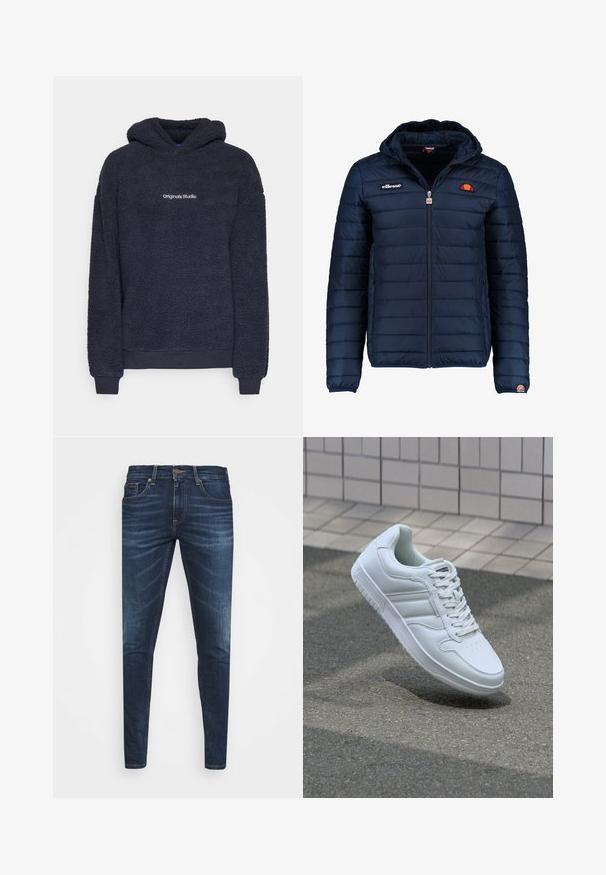Marineblauwe gewatteerde jas met een capuchon, ritsluiting, kanalenstiksel en logoaccenten op de borst en mouw. Zachte, gestructureerde stof.; Donker marineblauwe fleece hoodie met lange mouwen, ribbenmanchetten en zoom, en de tekst "Originals Studio" gecentreerd op de borst.; Donkerblauwe denim jeans met een slim fit, subtiele vervaging, vijf zakken en een metalen knoopsluiting. Gestikte accenten in contrasterende kleur.; Witte sportsneaker met een glad leren bovenwerk, vetersluiting aan de voorkant, geperforeerde neus en een geprofileerde zool. Minimalistisch ontwerp met drie zijstrepen.