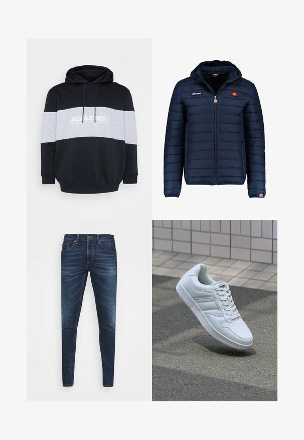 Dunkelblaue Daunenjacke mit Kapuze, Reißverschluss, Kastensteppnähten und Logo-Akzenten auf der Brust und dem Ärmel. Weicher, strukturierter Stoff.; Kapuzensweatshirt mit schwarzer Grundfarbe, grauem horizontalen Streifen und weißem Textlogo. Hergestellt aus weichem Baumwollmix mit gerippten Bündchen und Saum.; Dunkelblaue Jeans im Slim Fit mit subtiler Verwaschung, fünf Taschen und einem Metallknopfverschluss. Genähte Akzente in kontrastierender Farbe.; Weiße sportliche Sneaker mit Obermaterial aus glattem Leder, Schnürfront, durchlöchtem Zehenbereich und gemusterter Sohle. Minimalistisches Design mit drei Seitenstreifen.