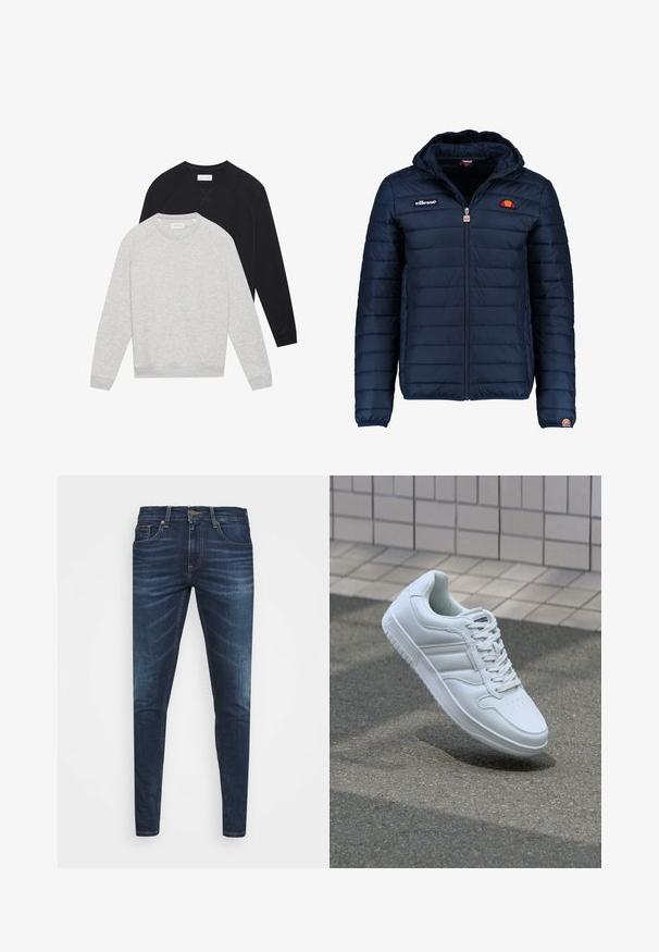 Jachetă puffer de culoare bleumarin, cu glugă, închidere cu fermoar, cusături în canale și detalii cu logo pe piept și pe mânecă. Material moale, texturat.; Două hanorace cu mânecă lungă și guler rotund, unul gri deschis așezat deasupra unul negru, ambele cu manșete și tiv într-un model cu caneluri.; Jeans din denim de culoare albastră închisă, cu o croială slim, ușor decolorate, cinci buzunare și închidere cu buton metalic. Detalii cusute în culori contrastante.; Adidași albi pentru sport cu superior din piele netedă, sistem de șireturi în față, vârf perforat și talpă cu model. Design minimalist cu trei dungi laterale.
