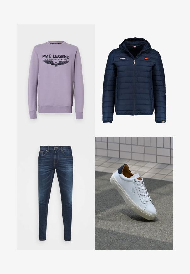 Marineblauwe gewatteerde jas met een capuchon, ritsluiting, kanalenstiksel en logoaccenten op de borst en mouw. Zachte, gestructureerde stof.; Paarse crewneck sweatshirt gemaakt van zachte stof met op de voorkant zwarte bedrukte tekst "PME LEGEND AMERICAN CLASSIC" met vleugelgraphics.; Donkerblauwe denim jeans met een slim fit, subtiele vervaging, vijf zakken en een metalen knoopsluiting. Gestikte accenten in contrasterende kleur.; Witte leren sneaker met een marineblauwe hiel, ronde neus en contrasterende bruin accent. Beschikt over platte veters en een gestructureerde rubberen zool.