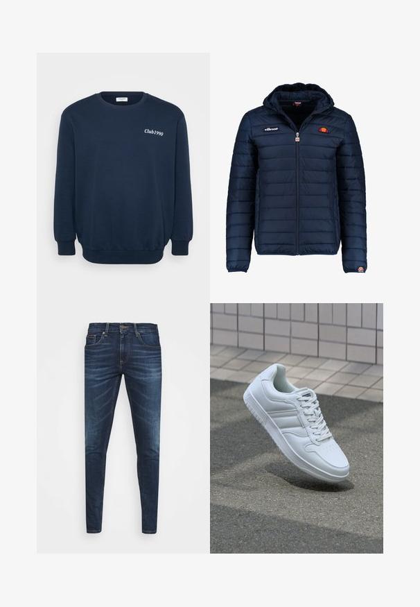 Jachetă puffer de culoare bleumarin, cu glugă, închidere cu fermoar, cusături în canale și detalii cu logo pe piept și pe mânecă. Material moale, texturat.; Hanorac bleumarin cu mâneci lungi, guler rotund și manșete ribbate. Prezintă logo-ul "Club1990" brodat în alb pe piept.; Jeans din denim de culoare albastră închisă, cu o croială slim, ușor decolorate, cinci buzunare și închidere cu buton metalic. Detalii cusute în culori contrastante.; Adidași albi pentru sport cu superior din piele netedă, sistem de șireturi în față, vârf perforat și talpă cu model. Design minimalist cu trei dungi laterale.