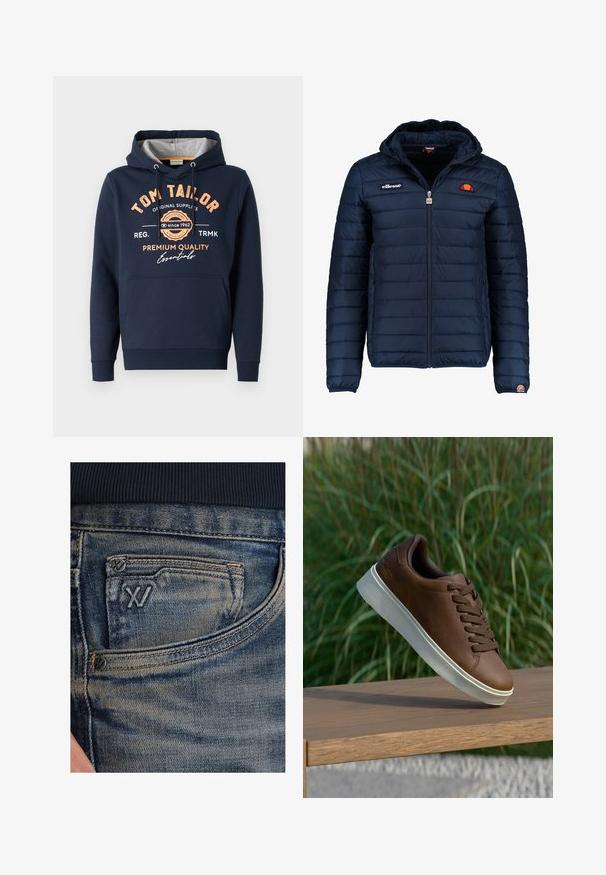 Granatowa kurtka puchowa z kapturem, zapinana na zamek, z przeszyciami w kształcie kanałów oraz akcentami loga na piersi i rękawie. Miękka, teksturowana tkanina.; Granatowa bluza z kapturem wykonana z bawełny, z szarym wnętrzem. Posiada pomarańczowy napis i logo z przodu, kieszeń typu kangur oraz ściągacze na mankietach.; Niebieskie dżinsy z denimu o wyblakłej fakturze, z kieszonką na monety i czarnym logo na przodzie. Pas wykonany z ciemnogranatowej dzianiny prążkowanej.; Brązowe skórzane sneakersy z białą gumową podeszwą, okrągłym noskiem i brązowymi sznurówkami. Teksturowany uchwyt na podeszwie i gładkie wykończenie na górze.