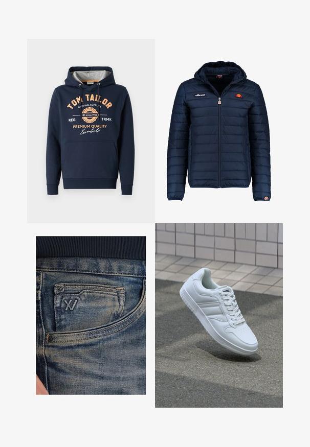 Námořnická modrá péřová bunda s kapucí, zipovým zapínáním, prošívaným vzorem a logem na hrudi a rukávu. Měkká, texturovaná látka.; Navy mikina s kapucí vyrobená z bavlny se šedým interiérem. Na přední straně má oranžový text a loga, klokanní kapsu a žebrované manžety.; Modré džínové kalhoty s vybledlou texturou, s mincovní kapsou a černým logem na přední straně. Pas má tmavě námořnický modrý žebrovaný materiál.; Bílé sportovní tenisky s hladkým koženým svrškem, šněrovacím předním dílem, perforovanou špičkou a vzorovanou podrážkou. Minimalistický design se třemi bočními pruhy.