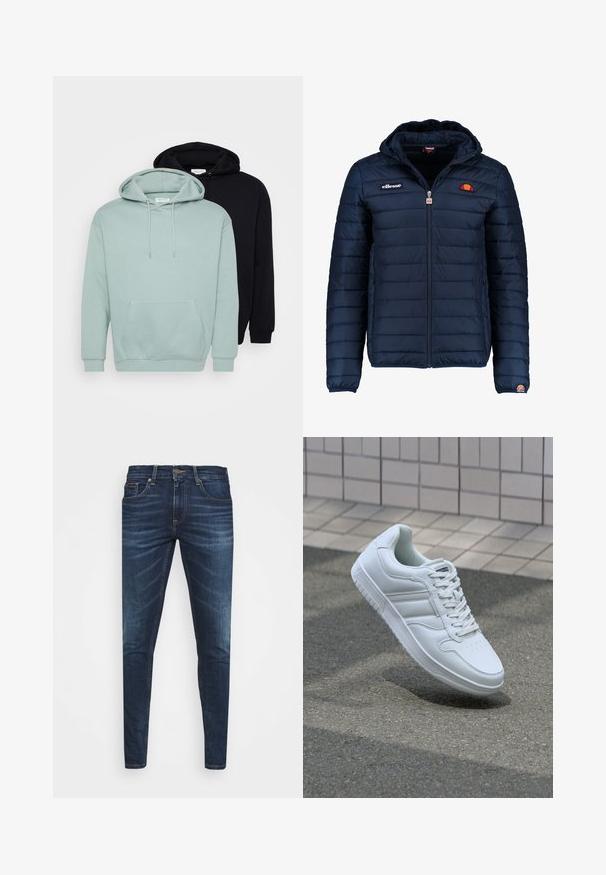 Jachetă puffer de culoare bleumarin, cu glugă, închidere cu fermoar, cusături în canale și detalii cu logo pe piept și pe mânecă. Material moale, texturat.; Set de două hanorace: unul verde mentă deschis, unul negru. Ambele au șnururi reglabile, o buzunare frontală și manșete și tivuri ribșate.; Jeans din denim de culoare albastră închisă, cu o croială slim, ușor decolorate, cinci buzunare și închidere cu buton metalic. Detalii cusute în culori contrastante.; Adidași albi pentru sport cu superior din piele netedă, sistem de șireturi în față, vârf perforat și talpă cu model. Design minimalist cu trei dungi laterale.