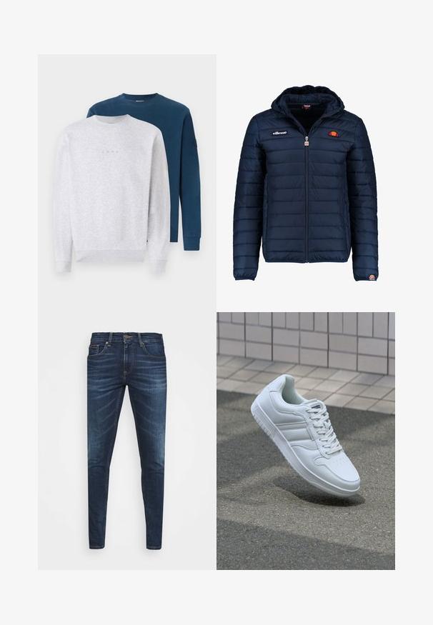 Tumedat sinised puffer jakk kapuutsiga, lukuga suletav, kanalite õmblustega ning logo aktsentidega rinnal ja varrukal. Pehme, tekstuuriga kangas.; Kaks kapuutsiga särki virnastatud: üks helesinist värvi, millel on peen logo, ja teine tumesinine. Mõlemal on ümmargune kaelus ja soonikvarrukaotsad.; Tumedat sinised teksad kitsas lõikes, kerge kulumisega, viie taskuga ja metallnööbiga sulgemine. Õmmeldud aktsendid kontrastsetes värvides.; Valge spordijalanõud silederja nahkvarrega, ninast paeltega, perforatsiooni tõttu ventilatsiooniga ning mustrilise tallaga. Minimalistlik disain, millel on kolm külgmist triipu.