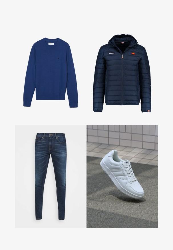 Navy blue puffer jacket with a hood, zip closure, channel stitching, and logo accents on the chest and sleeve. Soft, textured fabric.; Navy blue knit sweater with a round neckline, long sleeves, and ribbed cuffs. Features a small embroidered logo on the chest.; Dark blue denim jeans with a slim fit, subtle fade, five pockets, and a metal button closure. Stitched accents in contrasting color.; White athletic sneaker with smooth leather upper, lace-up front, perforated toe, and patterned sole. Minimalist design with three side stripes.