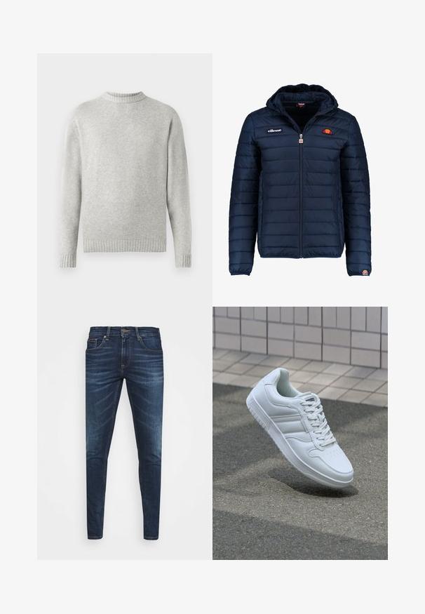 Navy blue puffer jacket with a hood, zip closure, channel stitching, and logo accents on the chest and sleeve. Soft, textured fabric.; Light gray sweater made from soft fabric, featuring a ribbed crew neckline and ribbed cuffs and hem. Minimalist design, long sleeves.; Dark blue denim jeans with a slim fit, subtle fade, five pockets, and a metal button closure. Stitched accents in contrasting color.; White athletic sneaker with smooth leather upper, lace-up front, perforated toe, and patterned sole. Minimalist design with three side stripes.