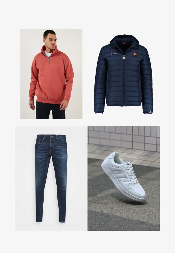 Navy blue puffer jacket with a hood, zip closure, channel stitching, and logo accents on the chest and sleeve. Soft, textured fabric.; Fleece pullover in coral with a quarter-zip collar. Features a horizontal seam across the chest and ribbed cuffs. Soft texture.; Dark blue denim jeans with a slim fit, subtle fade, five pockets, and a metal button closure. Stitched accents in contrasting color.; White athletic sneaker with smooth leather upper, lace-up front, perforated toe, and patterned sole. Minimalist design with three side stripes.