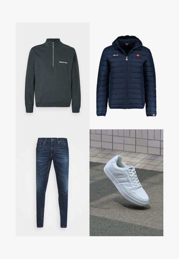 Temno modra napihnjena jakna s kapuco, z zadrgo, kanalnim šivom in logotipom na prsih in rokavu. Mehka, teksturirana tkanina.; Temno siva kapuca z visokim ovratnikom in pol zadrgo. Na levem prsnem delu se ponaša z belim vezenim napisom "Originals Studio".; Temno modri kavbojke ozkega kroja, s subtilnim bledenjem, petimi žepi in kovinskim zapiranjem na gumb. Oštrikanje z akcenti v kontrastni barvi.; Bela atletska teniska obutev z gladkim usnjenim zgornjim delom, vezanjem spredaj, perforiranim prstom in vzorčastim podplatom. Minimalistična zasnova s tremi stranskimi črtami.