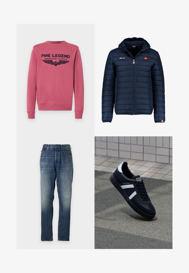 Granatowa kurtka puchowa z kapturem, zapinana na zamek, z przeszyciami w kształcie kanałów oraz akcentami loga na piersi i rękawie. Miękka, teksturowana tkanina.; Różowa bluza wykonana z bawełny, z okrągłym dekoltem, prążkowanymi mankietami i pasem, z czarnym tekstem i grafiką skrzydła na klatce piersiowej.; Dżinsy z denimu w wyblakłym niebieskim kolorze, o prostym kroju nogawki, umiarkowanym przetarciu z przodu oraz klasycznym pięciopocketowym stylu.; Czarne skórzane sneakersy z białymi paskami, teksturowana gumowa podeszwa i sznurowane z przodu. Posiadają metkę marki na języku.