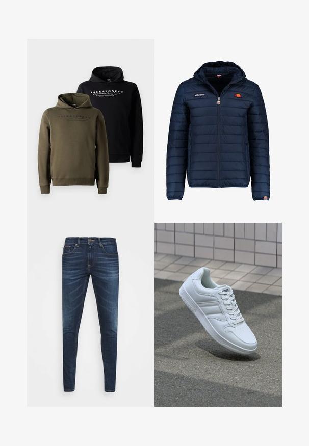 Marineblauwe gewatteerde jas met een capuchon, ritsluiting, kanalenstiksel en logoaccenten op de borst en mouw. Zachte, gestructureerde stof.; Hoodies in zwart en olijfgroen, met een frontale kangaroo zak, een trekkoordcapuchon en bedrukte branding op de borst. Zacht, glad materiaal.; Donkerblauwe denim jeans met een slim fit, subtiele vervaging, vijf zakken en een metalen knoopsluiting. Gestikte accenten in contrasterende kleur.; Witte sportsneaker met een glad leren bovenwerk, vetersluiting aan de voorkant, geperforeerde neus en een geprofileerde zool. Minimalistisch ontwerp met drie zijstrepen.