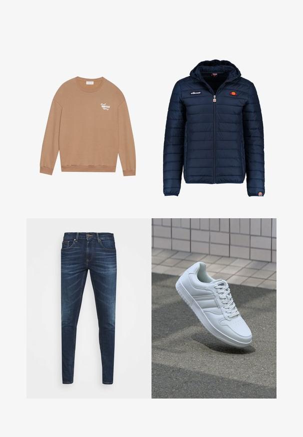 Navy blue puffer jacket with a hood, zip closure, channel stitching, and logo accents on the chest and sleeve. Soft, textured fabric.; Brown cotton sweatshirt with long sleeves, crew neck, and "Fresh Coffee" printed in white on the chest. Features ribbed cuffs and hem.; Dark blue denim jeans with a slim fit, subtle fade, five pockets, and a metal button closure. Stitched accents in contrasting color.; White athletic sneaker with smooth leather upper, lace-up front, perforated toe, and patterned sole. Minimalist design with three side stripes.