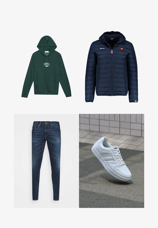 Veste matelassée bleu marine avec capuche, fermeture zippée, coutures en canaux et accents de logo sur la poitrine et la manche. Tissu doux et texturé.; Sweat à capuche vert foncé avec une poche frontale, style kangourou, présentant un graphique blanc "DENVER USA 96" sur la poitrine, fabriqué en matériau en coton doux.; Jean en denim bleu foncé avec une coupe slim, décoloration subtile, cinq poches et une fermeture à bouton en métal. Accents cousus dans une couleur contrastante.; Baskets blanches de sport avec une tige en cuir lisse, un laçage à l'avant, une pointe perforée et une semelle à motifs. Design minimaliste avec trois bandes latérales.