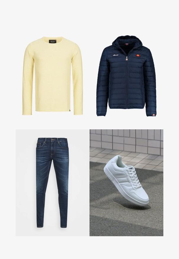 Jachetă puffer de culoare bleumarin, cu glugă, închidere cu fermoar, cusături în canale și detalii cu logo pe piept și pe mânecă. Material moale, texturat.; Pulover tricotat galben cu mâneci lungi, decolteu rotund, țesătură texturată și un mic etichetă cu logo la tiv. Croială dreaptă, fără modele.; Jeans din denim de culoare albastră închisă, cu o croială slim, ușor decolorate, cinci buzunare și închidere cu buton metalic. Detalii cusute în culori contrastante.; Adidași albi pentru sport cu superior din piele netedă, sistem de șireturi în față, vârf perforat și talpă cu model. Design minimalist cu trei dungi laterale.