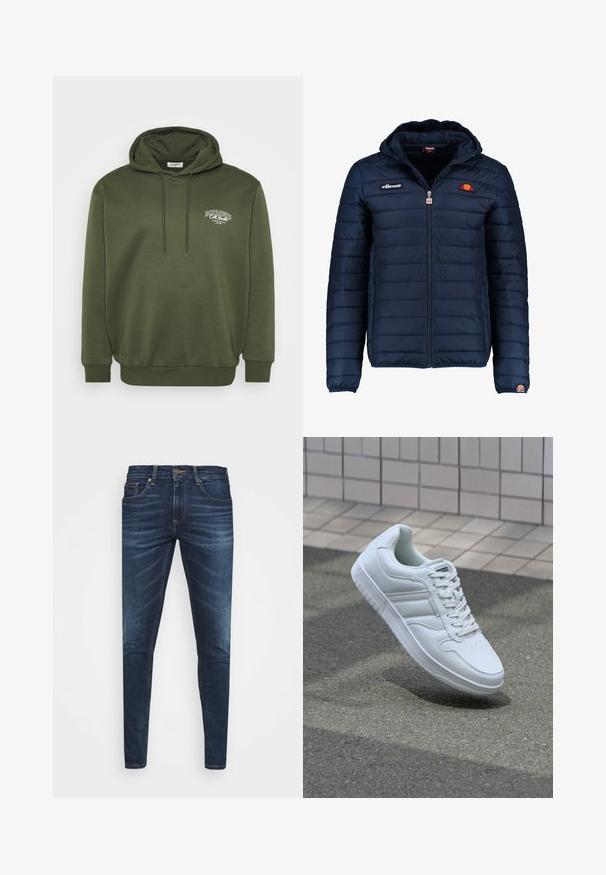 Tumedat sinised puffer jakk kapuutsiga, lukuga suletav, kanalite õmblustega ning logo aktsentidega rinnal ja varrukal. Pehme, tekstuuriga kangas.; Oliivroheline kapuutsiga pusa, mis on valmistatud puuvillasegusest kangast, esitades ees kangaroo tasku, paeltega kapuutsi ja valge logo tikandi rinnal.; Tumedat sinised teksad kitsas lõikes, kerge kulumisega, viie taskuga ja metallnööbiga sulgemine. Õmmeldud aktsendid kontrastsetes värvides.; Valge spordijalanõud silederja nahkvarrega, ninast paeltega, perforatsiooni tõttu ventilatsiooniga ning mustrilise tallaga. Minimalistlik disain, millel on kolm külgmist triipu.