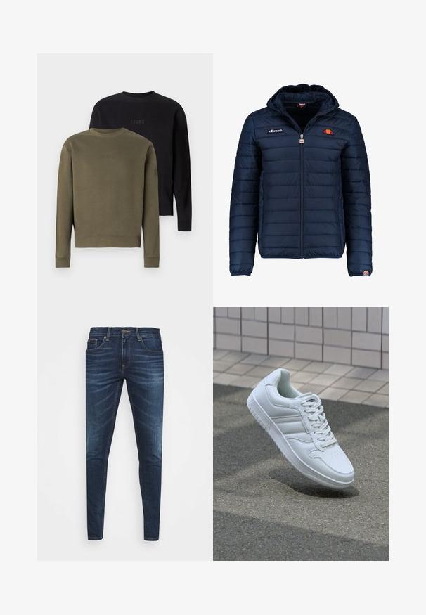 Navy blue puffer jacket with a hood, zip closure, channel stitching, and logo accents on the chest and sleeve. Soft, textured fabric.; Two crew-neck sweatshirts are displayed: one olive green and one black. Both feature tonal logo embroidery on the chest and ribbed cuffs.; Dark blue denim jeans with a slim fit, subtle fade, five pockets, and a metal button closure. Stitched accents in contrasting color.; White athletic sneaker with smooth leather upper, lace-up front, perforated toe, and patterned sole. Minimalist design with three side stripes.