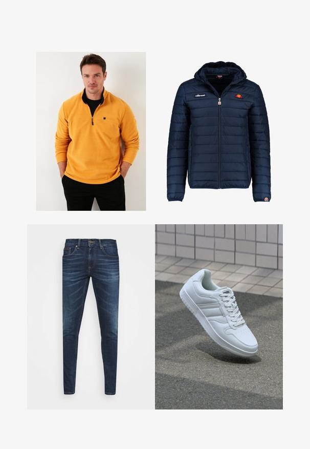 Temno modra napihnjena jakna s kapuco, z zadrgo, kanalnim šivom in logotipom na prsih in rokavu. Mehka, teksturirana tkanina.; Rumena flis jopica s četrt-zadrgo in ovratnikom, ki ima črno izšito listnato logo na prsih in rebraste manšete.; Temno modri kavbojke ozkega kroja, s subtilnim bledenjem, petimi žepi in kovinskim zapiranjem na gumb. Oštrikanje z akcenti v kontrastni barvi.; Bela atletska teniska obutev z gladkim usnjenim zgornjim delom, vezanjem spredaj, perforiranim prstom in vzorčastim podplatom. Minimalistična zasnova s tremi stranskimi črtami.
