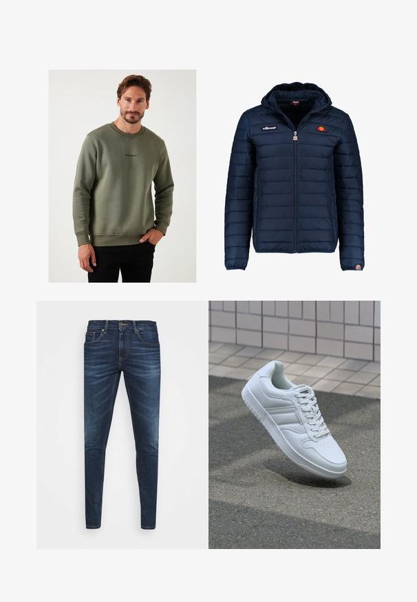 Jachetă puffer de culoare bleumarin, cu glugă, închidere cu fermoar, cusături în canale și detalii cu logo pe piept și pe mânecă. Material moale, texturat.; Sweatshirt verde măsliniu, realizat dintr-un material moale, cu guler rotund și detaliu brodat al logo-ului pe piept. Croiala slim, cu mâneci lungi.; Jeans din denim de culoare albastră închisă, cu o croială slim, ușor decolorate, cinci buzunare și închidere cu buton metalic. Detalii cusute în culori contrastante.; Adidași albi pentru sport cu superior din piele netedă, sistem de șireturi în față, vârf perforat și talpă cu model. Design minimalist cu trei dungi laterale.