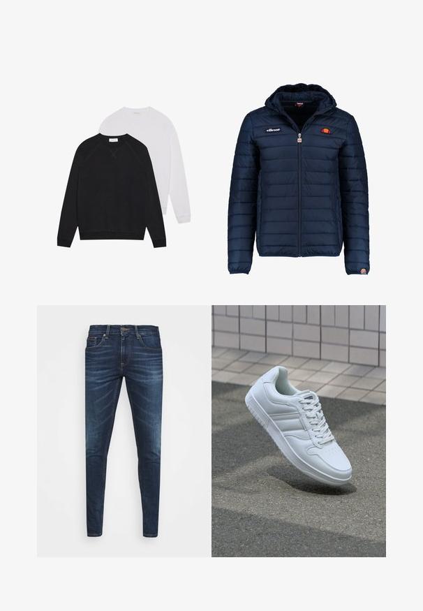 Mørkeblå puffjakke med hætte, lynlåslukning, kanalstyret syning og logo-detaljer på brystet og ærmet. Blødt, struktureret stof.; Sort og hvide sweatshirts med rund hals, lavet af blødt stof. Den sorte har mørk talje og manchetter; den hvide har lyse manchetter.; Mørkeblå denim jeans med slim fit, subtil falming, fem lommer og metalknaplukning. Syede detaljer i kontrastfarve.; Hvide atletiske sneakers med glat læderoverdel, snørelukning foran, perforeret tå og mønstret sål. Minimalistisk design med tre sidelister.