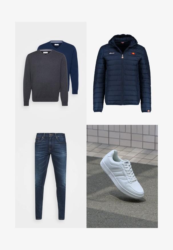 Námornícky modrá prešívaná bunda s kapucňou, zipsom, kanálovým prešívaním a logovými akcentmi na hrudi a rukáve. Mäkkučká, textúrovaná tkanina.; Dvoje svetríkov s výstrihom do V v tmavosivej a námorníckej modrej farbe, vyrobené z mäkkej tkaniny s rebrovanými manžetami a prúžkovaným detailom vo vnútri výstrihu.; Tmavomodré džíny s úzkym strihom, jemným opotrebovaním, piatimi vreckami a kovovým zapínaním. Šité akcenty v kontrastnej farbe.; Biele atletické tenisky s hladkým koženým zvrškom, šnurovaním vpredu, perforovanou špičkou a vzorovanou podrážkou. Minimalistický dizajn s tromi bočnými pruhmi.