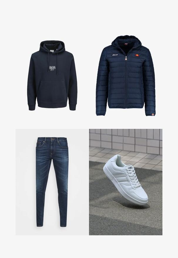 Temno modra napihnjena jakna s kapuco, z zadrgo, kanalnim šivom in logotipom na prsih in rokavu. Mehka, teksturirana tkanina.; Mornarsko modra kapuca s vrvico, sprednja kenguru žeepa in belim vezenim logotipom "JACK & JONES" na prsih. Mehko blago.; Temno modri kavbojke ozkega kroja, s subtilnim bledenjem, petimi žepi in kovinskim zapiranjem na gumb. Oštrikanje z akcenti v kontrastni barvi.; Bela atletska teniska obutev z gladkim usnjenim zgornjim delom, vezanjem spredaj, perforiranim prstom in vzorčastim podplatom. Minimalistična zasnova s tremi stranskimi črtami.