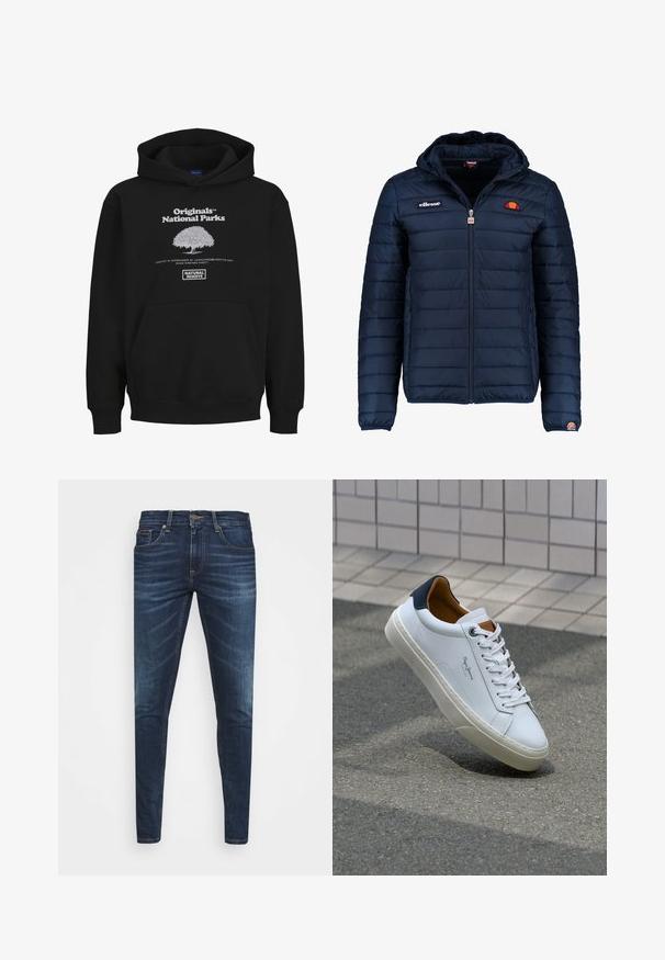 Mørkeblå puffjakke med hætte, lynlåslukning, kanalstyret syning og logo-detaljer på brystet og ærmet. Blødt, struktureret stof.; Sort hoodie med kængurulomme, der har et hvidt grafisk logo af et træ og teksten: "Originals National Parks" og "Natural Reserve."; Mørkeblå denim jeans med slim fit, subtil falming, fem lommer og metalknaplukning. Syede detaljer i kontrastfarve.; Hvide lædersneakers med en marineblå hæl, rund tå og kontrasterende brune detaljer. Har flade snørebånd og en tekstureret gummisål.