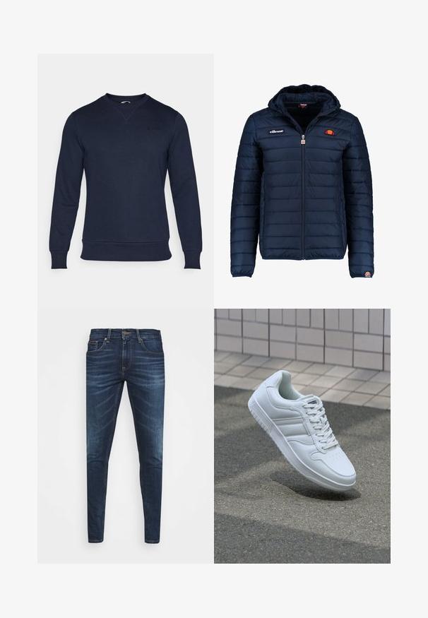 Casaco puffer azul marinho com capuz, fecho de correr, costura em canais e detalhes do logo no peito e na manga. Tecido macio e texturizado.; Sweatshirt azul-marinho de mangas longas e com decote redondo. Apresenta um logo discreto "BORG" no peito. Tecido suave e texturizado.; Jeans de ganga azul escura com um corte slim, desbotamento suave, cinco bolsos e fecho com botão de metal. Detalhes costurados em cor contrastante.; Sapatilha desportiva branca com parte superior em couro liso, frente com atacadores, bico perfurado e sola padronizada. Design minimalista com três riscas laterais.
