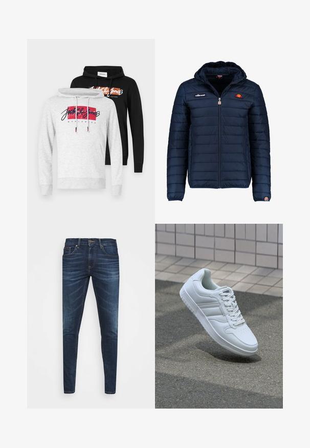 Marineblauwe gewatteerde jas met een capuchon, ritsluiting, kanalenstiksel en logoaccenten op de borst en mouw. Zachte, gestructureerde stof.; Twee hoodies: een grijze met een rode grafiek en zwarte tekst, en een zwarte met een oranje grafiek, beide met verstelbare trekkoorden.; Donkerblauwe denim jeans met een slim fit, subtiele vervaging, vijf zakken en een metalen knoopsluiting. Gestikte accenten in contrasterende kleur.; Witte sportsneaker met een glad leren bovenwerk, vetersluiting aan de voorkant, geperforeerde neus en een geprofileerde zool. Minimalistisch ontwerp met drie zijstrepen.