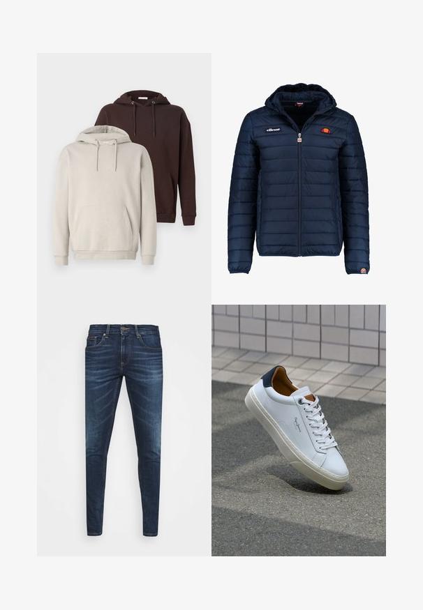 Tummansininen puhvitakki, jossa on huppu, vetoketjukiinnitys, kanavapistoilu ja logoteemaiset yksityiskohdat rinnassa ja hihassa. Pehmeä, teksturoitu kangas.; Kaksi hupparia: yksi beige ja yksi tummanruskea. Molemmissa on kengurupocket, säädettävät nauhat ja uurrettu hihansuu.; Tummansiniset farkut, joissa on slim fit -leikkaus, hienovarainen haalistuma, viisi taskua ja metallinen napitus. Kontrastiväriset ompeleet.; Valkoinen nahkakenkä, jossa on tummansininen kantapää, pyöreä kärki ja ristikkäiset ruskeat korostukset. Varustettu tasapaksuilla nauhoilla ja teksturoidulla kumipohjalla.