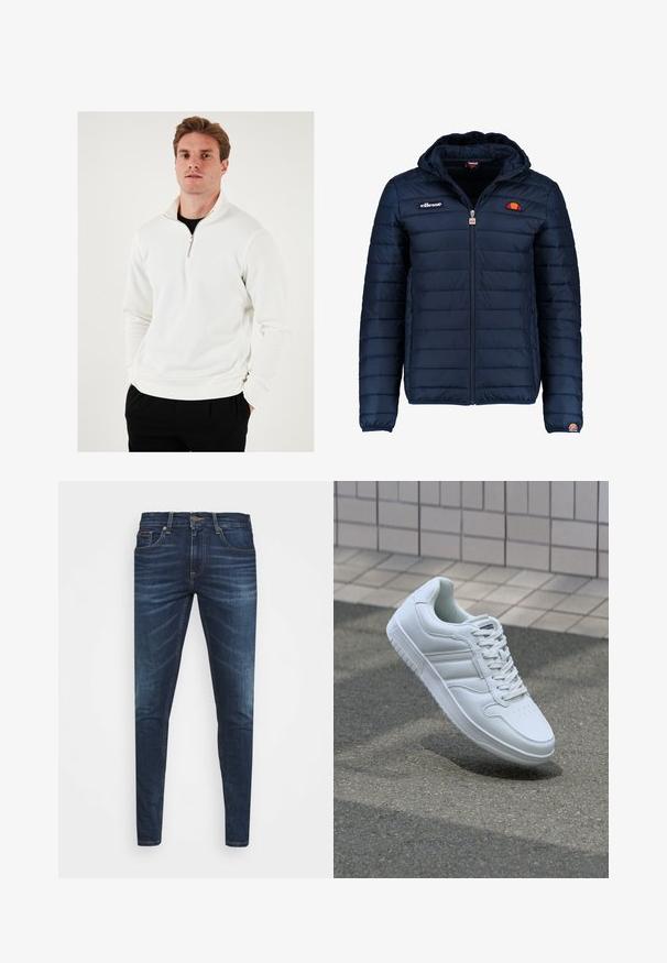 Námornícky modrá prešívaná bunda s kapucňou, zipsom, kanálovým prešívaním a logovými akcentmi na hrudi a rukáve. Mäkkučká, textúrovaná tkanina.; Biely zipsový sveter s vysokým golierom, mäkká tkanina, dlhé rukávy a voľný strih, v kombinácii s čiernymi nohavicami.; Tmavomodré džíny s úzkym strihom, jemným opotrebovaním, piatimi vreckami a kovovým zapínaním. Šité akcenty v kontrastnej farbe.; Biele atletické tenisky s hladkým koženým zvrškom, šnurovaním vpredu, perforovanou špičkou a vzorovanou podrážkou. Minimalistický dizajn s tromi bočnými pruhmi.