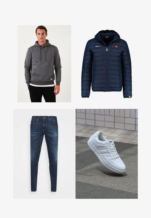 Navy blue puffer jacket with a hood, zip closure, channel stitching, and logo accents on the chest and sleeve. Soft, textured fabric.; Gray hooded sweatshirt with a kangaroo pocket, drawstrings, ribbed cuffs, and hem. Textured fabric with a small logo patch at the front.; Dark blue denim jeans with a slim fit, subtle fade, five pockets, and a metal button closure. Stitched accents in contrasting color.; White athletic sneaker with smooth leather upper, lace-up front, perforated toe, and patterned sole. Minimalist design with three side stripes.