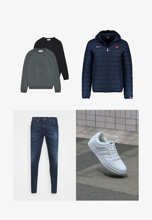 Dunkelblaue Daunenjacke mit Kapuze, Reißverschluss, Kastensteppnähten und Logo-Akzenten auf der Brust und dem Ärmel. Weicher, strukturierter Stoff.; Zwei Crewneck-Sweatshirts: eines in Dunkelgrün und eines in Schwarz. Beide haben Raglanärmel, gerippte Bündchen und einen weichen, strukturierten Stoff.; Dunkelblaue Jeans im Slim Fit mit subtiler Verwaschung, fünf Taschen und einem Metallknopfverschluss. Genähte Akzente in kontrastierender Farbe.; Weiße sportliche Sneaker mit Obermaterial aus glattem Leder, Schnürfront, durchlöchtem Zehenbereich und gemusterter Sohle. Minimalistisches Design mit drei Seitenstreifen.